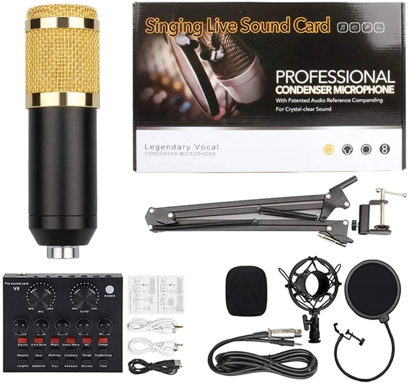 BM800 Microphone Kit with V8 Sound Card – Studio Mic Set for Streaming & Recording