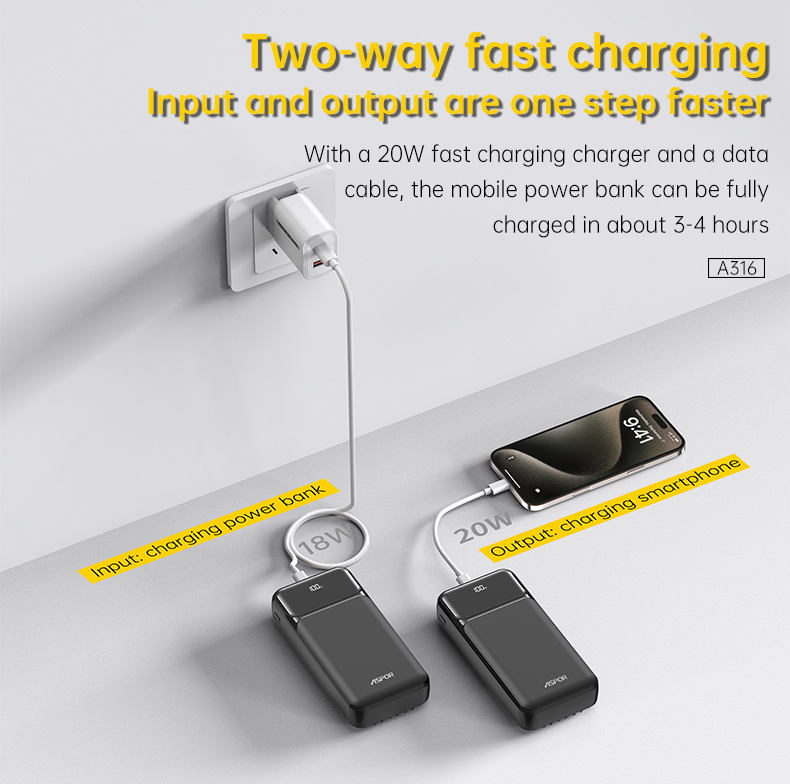 ASPOR A316 – 20,000 mAh 22.5 W Fast-Charging Power Bank (Built-in Cables)
