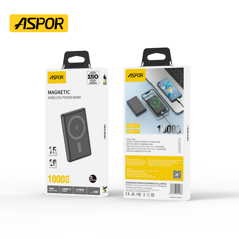 ASPOR A382 – 10,000 mAh Magnetic Wireless Power Bank (20 W USB-C PD + 15 W Wireless)