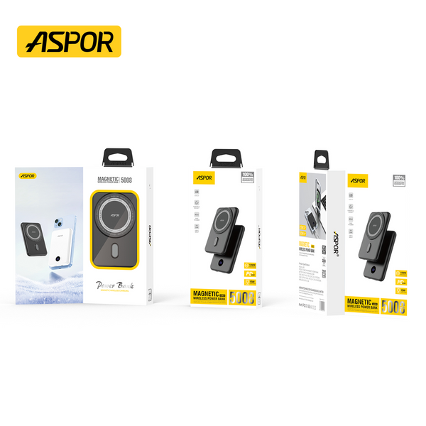 ASPOR A385 – 10,000 mAh Magnetic Wireless Power Bank (20 W USB-C + 15 W Wireless)